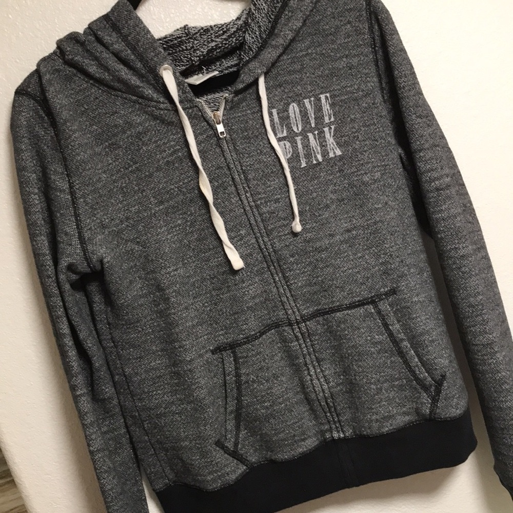 Pink Hoodie Black Grey Zip Up Sweatshirt Size M Medium Love Pink